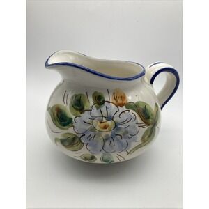 Vintage Hand Painted Pitcher Made In Italy for FTD Blue Flower Vase Farm House